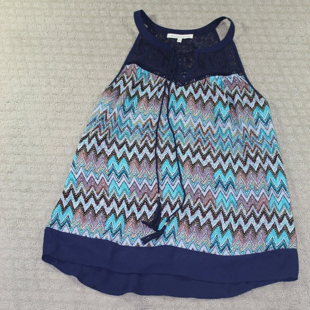 Daniel Rainn Wm Sz M Navy, Teal and Brown Patterned Flowy Tank Top
